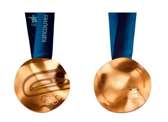 2010年温哥华冬奥会奖牌奖牌正面在实心部分刻有奥运五环,反面则是