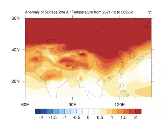 中国科学院大气物理研究所FGOALS-s2系统的S2S预测结果，我国冬季温度整体偏暖，其中北部地区异常偏暖。图片来源：http://project.lasg.ac.cn/.