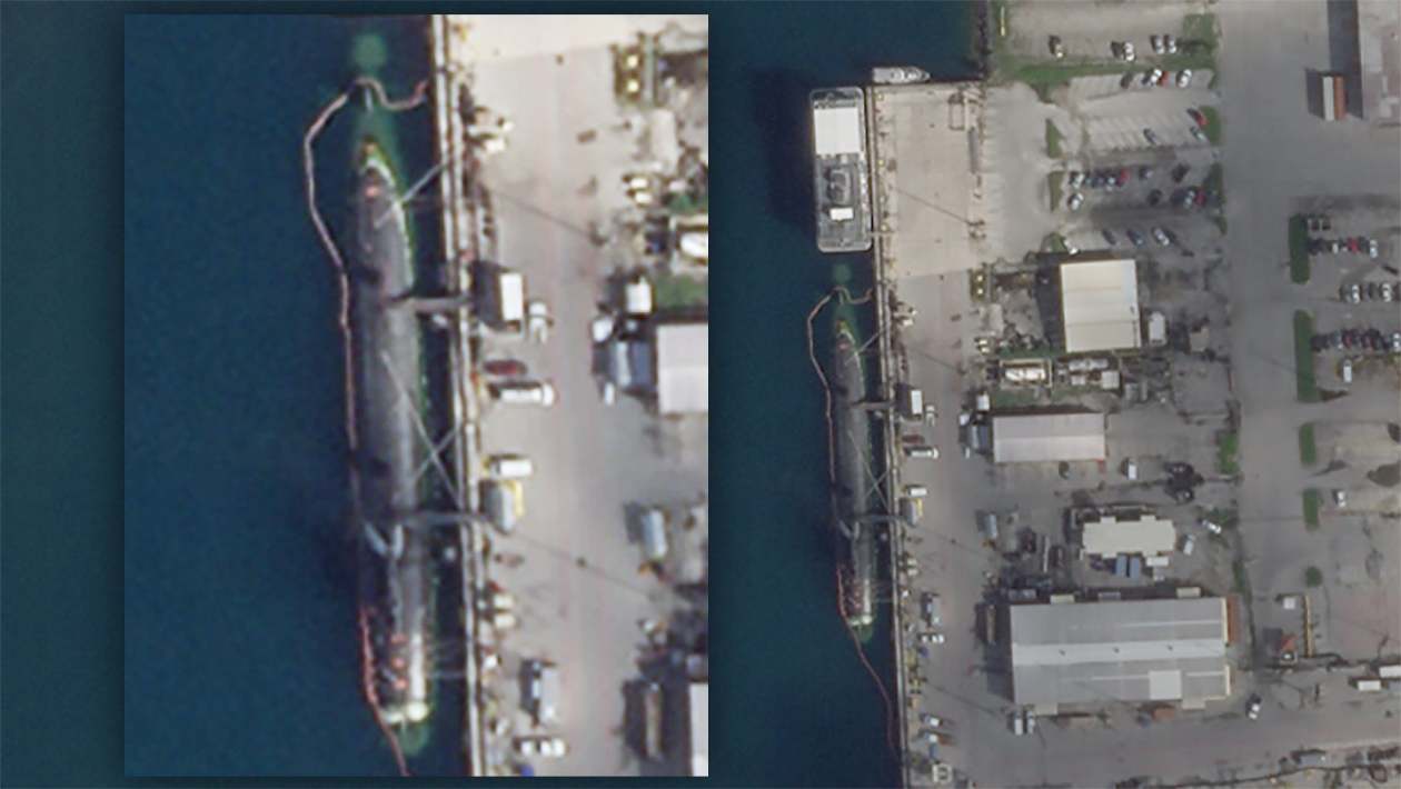 美媒公布的“康涅狄格”号核潜艇10月20日在关岛靠泊卫星照片