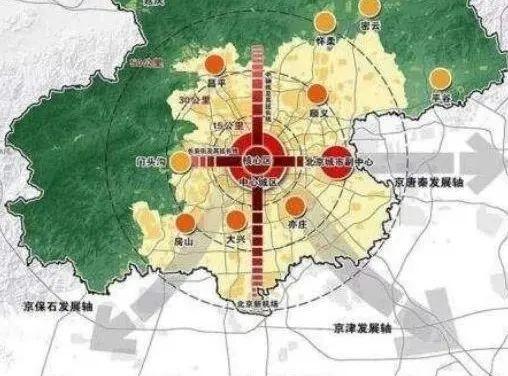 北京城市总体规划中的外围新城示意图