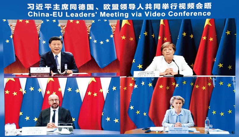 2020年9月14日晚，国家主席习近平在北京同欧盟轮值主席国德国总理默克尔、欧洲理事会主席米歇尔、欧盟委员会主席冯德莱恩共同举行会晤，会晤以视频方式举行。新华社记者 庞兴雷/摄