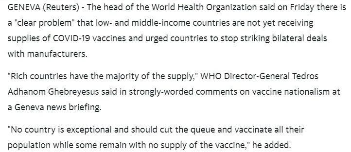 △路透社称，世卫组织总干事谭德塞对“疫苗民族主义”进行了措辞强硬的批评。