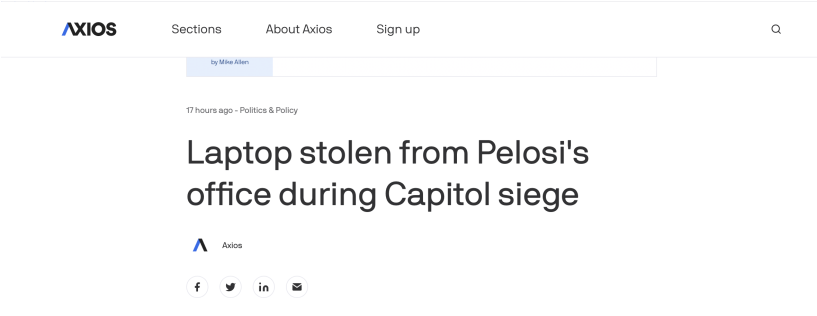 Axios新闻网报道截图：国会大厦骚乱期间佩洛西办公室笔记本电脑被偷
