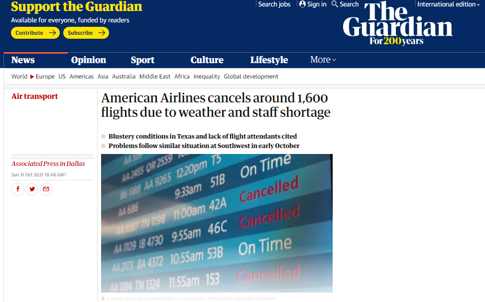 《卫报》：由于天气影响和员工短缺，美国航空公司取消约1600架次航班