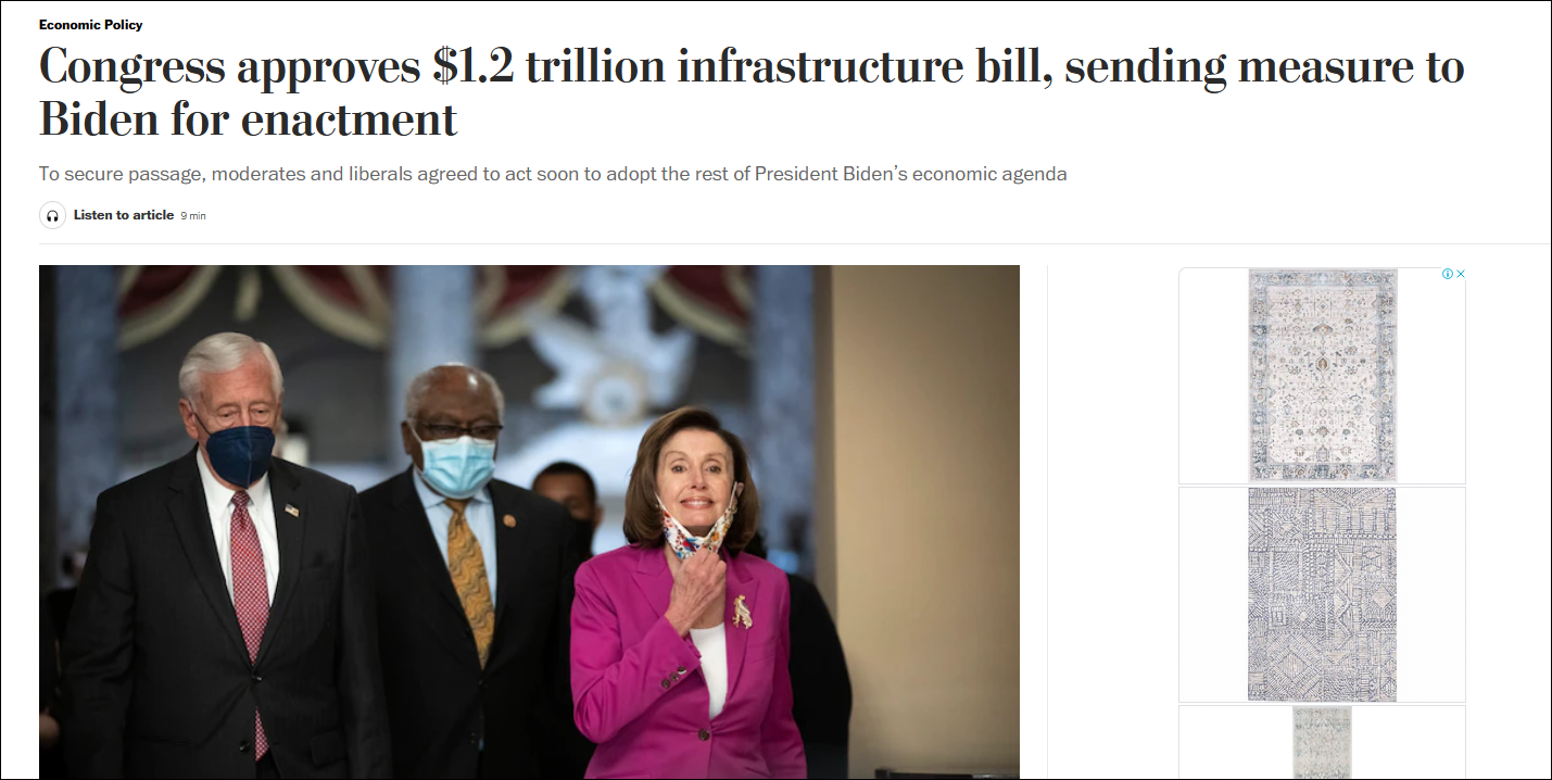 《华盛顿邮报》：国会通过了1.2万亿法案，交由拜登签字