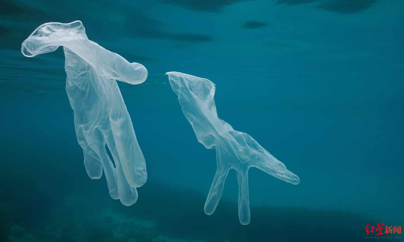 ↑流入到海洋里的塑料手套，疫情加剧了全球塑料废物处理的压力