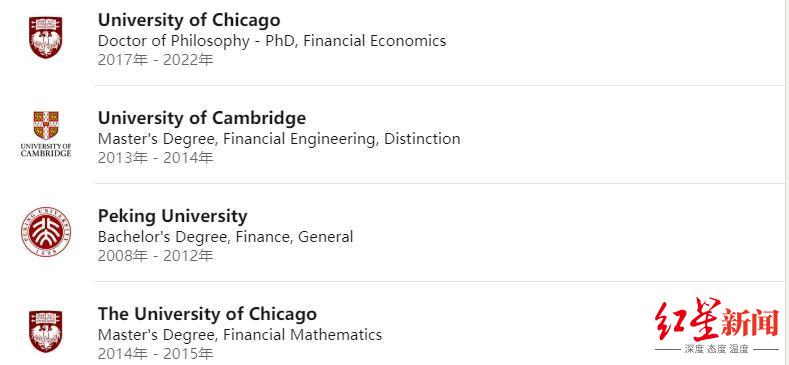 领英显示，范怡然先后就读于北京大学、剑桥大学和芝加哥大学。截图