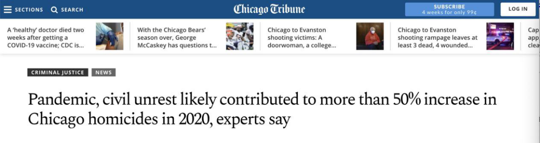 △《芝加哥论坛报》报道：专家们表示，疫情和国内骚乱导致2020年芝加哥凶杀案增加50%以上