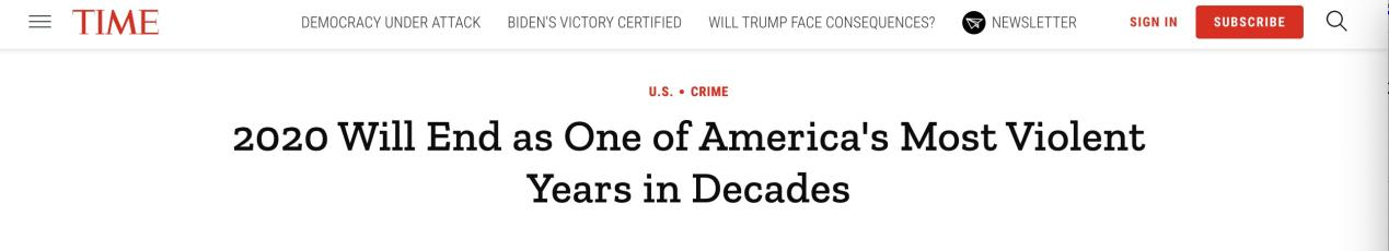△《时代》周刊刊文：2020是美国几十年来最暴力的一年