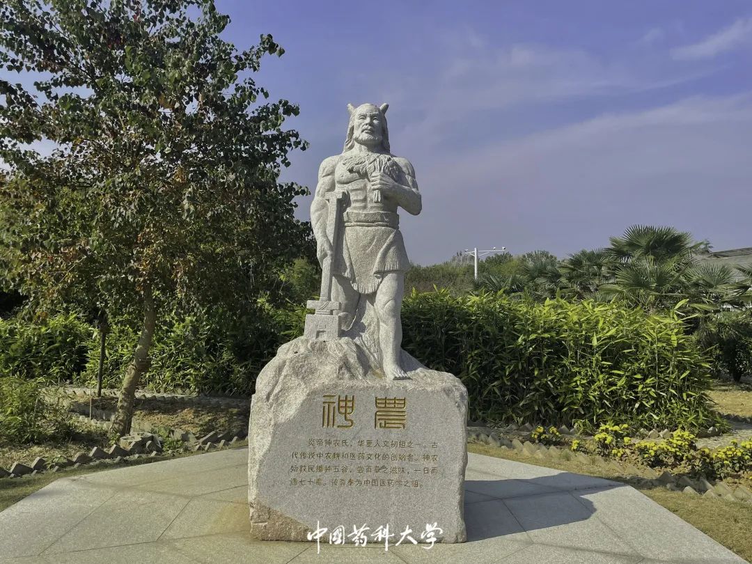 精业济群,兴药为民传神农伟业,建万世之功神农像更显庄严秋光倾下希逢