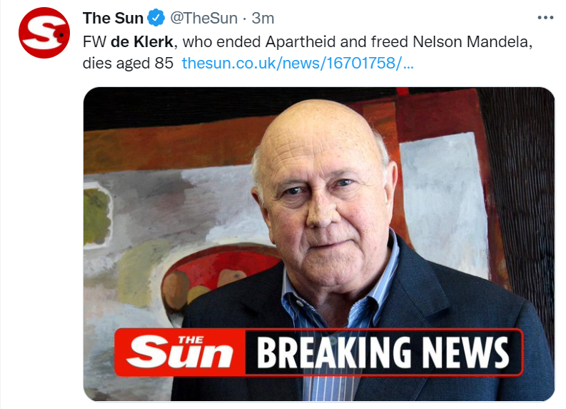 南非前总统德克勒克去世终年85岁曾释放曼德拉