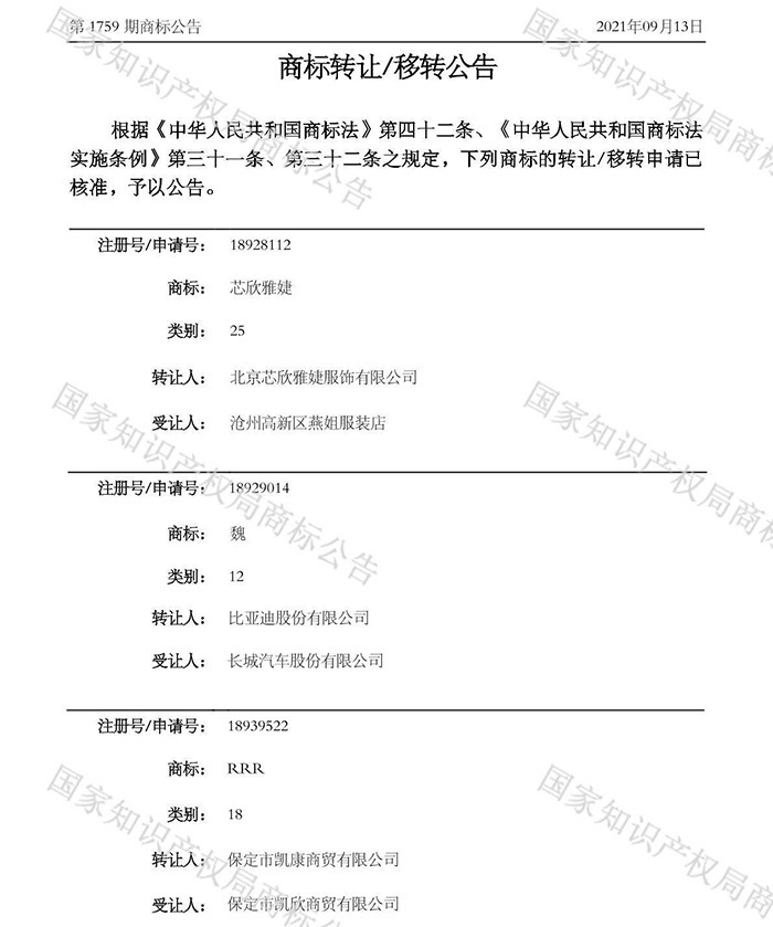 比亚迪将商标“魏”转让给长城汽车