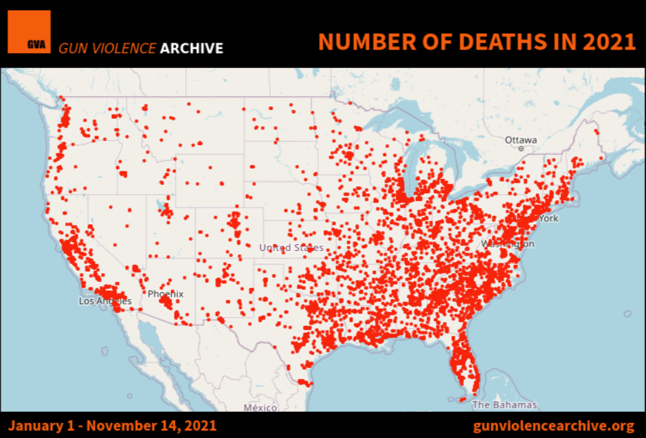 ↑2021年全美枪支暴力致死案分布。