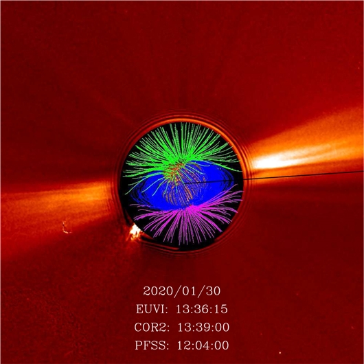 STEREO A卫星日冕仪图像和势场-源面（PFSS）日冕磁场重构。黑色直线代表观测到的宏观磁洞期间PSP卫星的位置角。 (中科院国家空间科学中心供图）