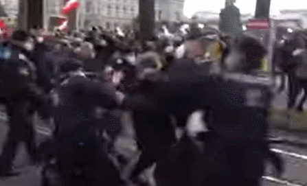 维也纳街头警方与示威者混战