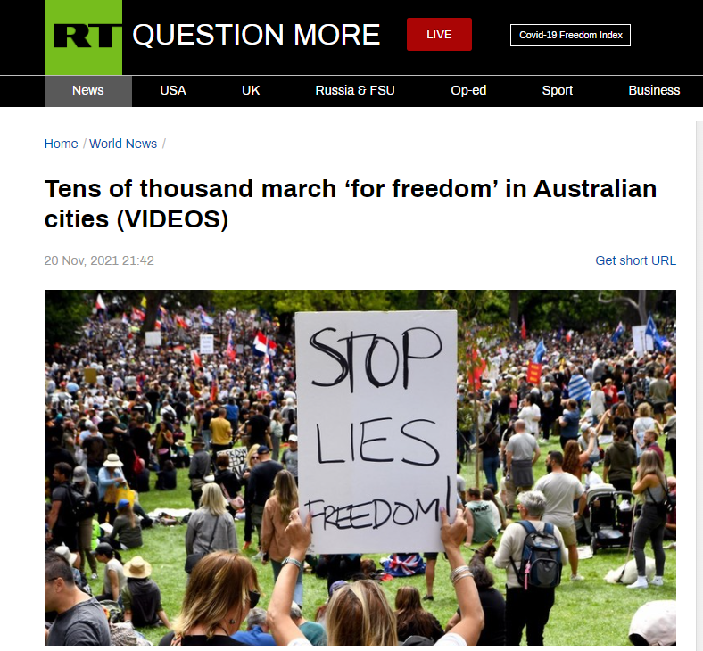 RT：成千上万人在澳大利亚城市游行“为自由”