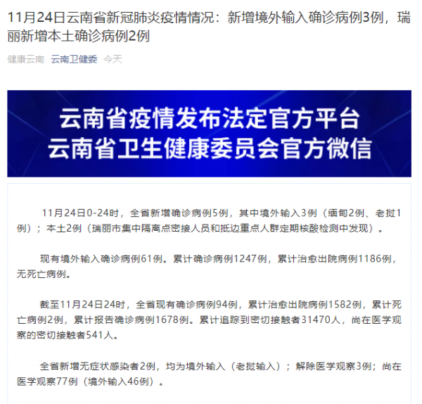 云南11月24日新增本土确诊病例2例 均在瑞丽市