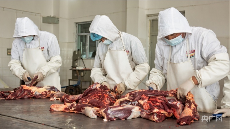 三江牧场内工作人员正在进行肉制品加工 (央广网发 唐刚摄)