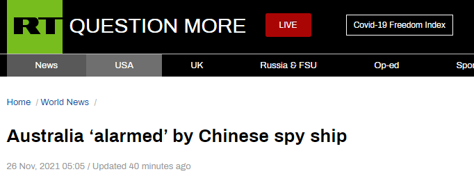 今日俄罗斯：澳大利亚被中国“间谍”船“震惊”了