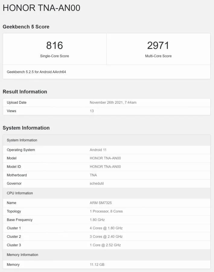 荣耀60现身跑分库：骁龙778G+芯片 Android 11系统 12GB内存