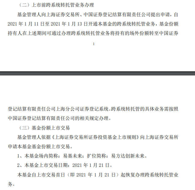 图：易方达创新未来的开通跨系统转托管及基金份额上市相关安排的公告   来源：易方达官网