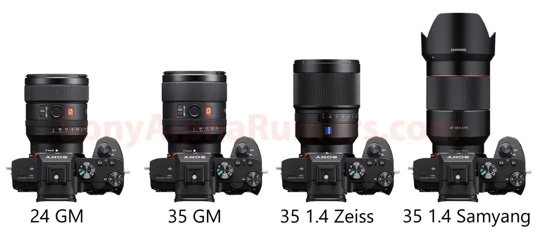 索尼 24GM 与 FE 系统 35mm F1.4 原厂、副厂镜头体积对比，35GM 优势明显。图片来自：SonyAlphaRumors