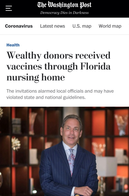 △《华盛顿邮报》指出，佛罗里达州老年护理中心的富有投资人抢先得到了疫苗接种