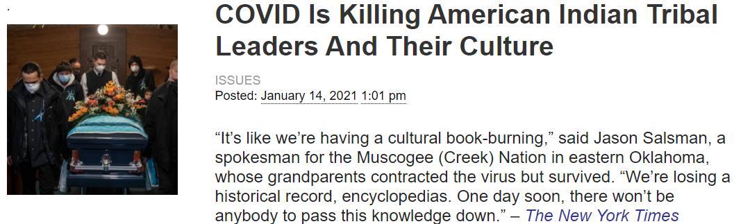 △《纽约时报》2021年1月14日报道称“新冠肺炎正在杀死美国原住民的部落长老，并断绝他们的文化”。（图片来源：《纽约时报》）