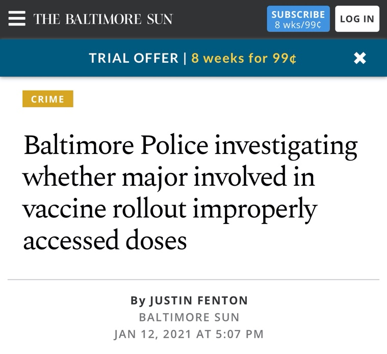 △《巴尔的摩太阳报》报道：当地警察利用职权之便获得疫苗接种