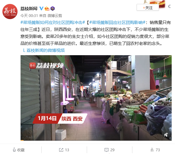 菜贩回应社区团购影响：每天营业额比往年差了三分之二