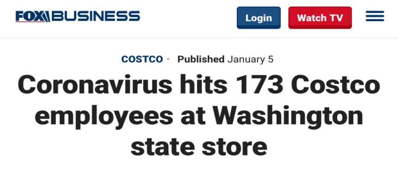 福克斯新闻报道，华盛顿州大华府市好市多仓库173名员工感染新冠肺炎