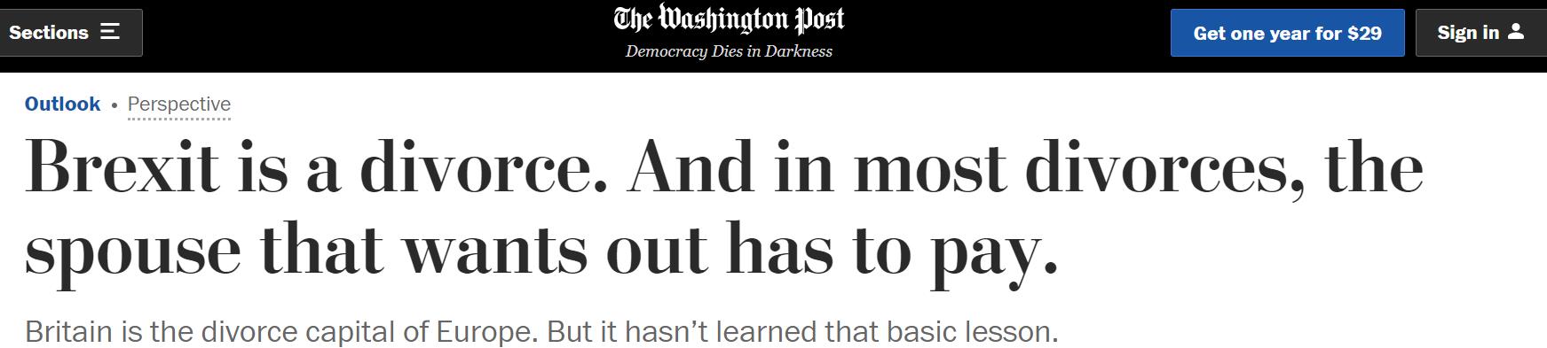 △早在2018年，《华盛顿邮报》便将“脱欧”称为“离婚”