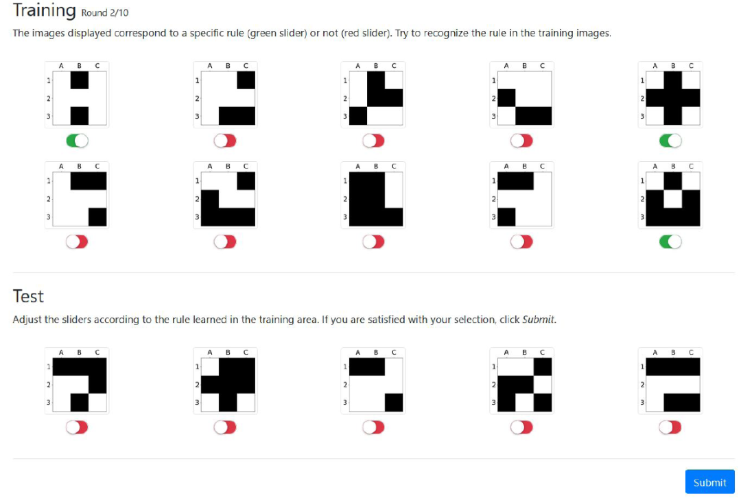 图 12. 规则对称性（Symmetry）的第 2 轮人类的实验截图。上方显示 10 个训练实例，下方则是未标记（测试）的实例