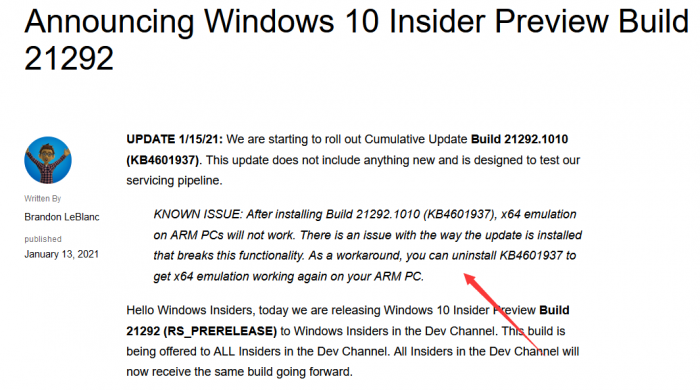 升级到Windows 10 Build 21292会导致ARM PC上的x64仿真功能失效