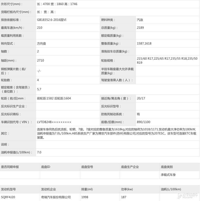 　　从申报信息来看，新车最大的改变在于搭载了新的2.0T发动机，最大功率达187kW（254PS）。参考此前发布的星途揽月390T，新车预计将匹配7速双离合变速箱。（图/文：太平洋汽车网 柯凯汶）