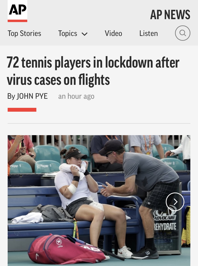 △美联社报道，72名网球运动员在同机人员出现确诊病例后已开始隔离