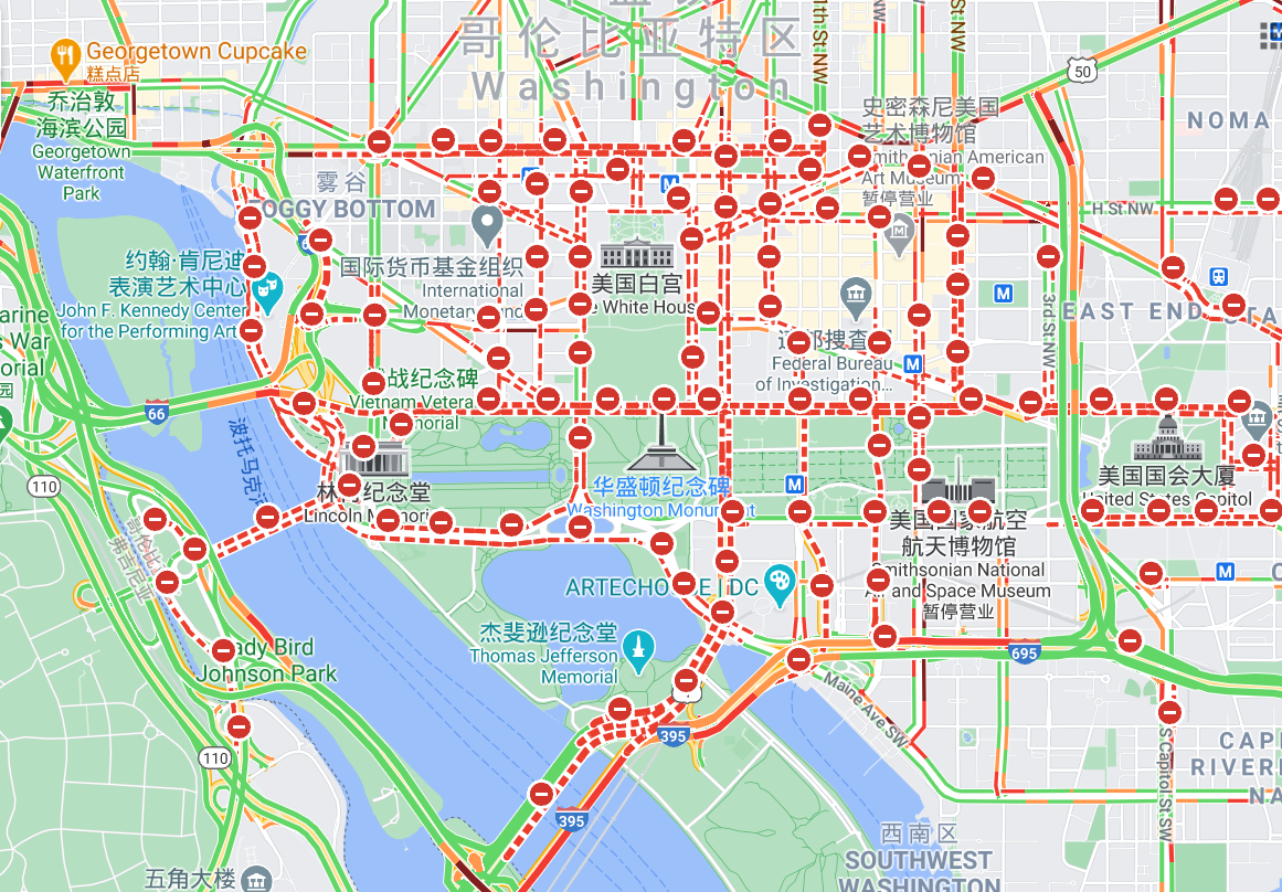 △谷歌地图显示的华盛顿市区限行路况
