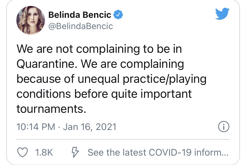 △“我们没有抱怨被隔离，我们抱怨的是在相当重要的比赛之前，不平等的训练和比赛条件”瑞士选手贝琳达·本西奇在其社交平台上说。