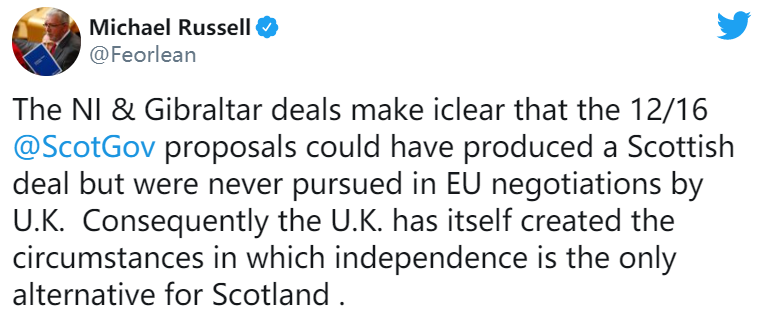 △苏格兰宪法秘书麦克·罗素（Mike Russell）在其个人社交账号上发表声明，强调“是英国政府自己令独立成为苏格兰的唯一选择”。