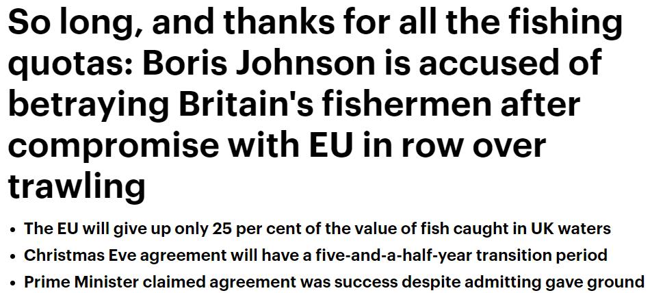 △12月25日，英国《每日邮报》发表文章称，鲍里斯·约翰逊背叛了英国渔民，和欧盟达成了渔业协议（图片来源：《每日邮报》）