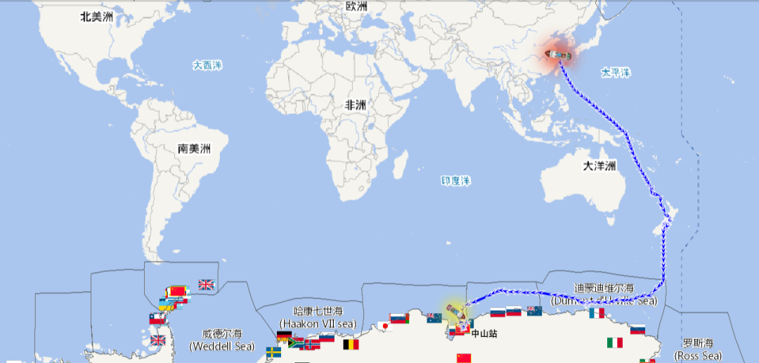 目前已经完成的南极科考路线示意图(国旗表示各国的南极科考站位) )