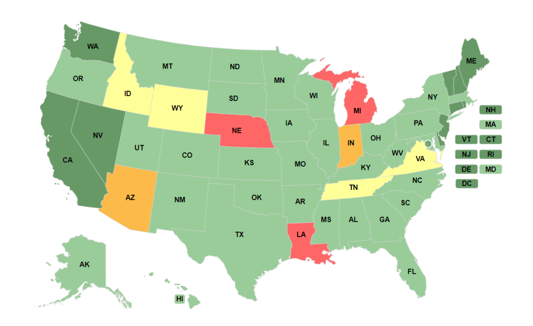 美国代孕政策地图