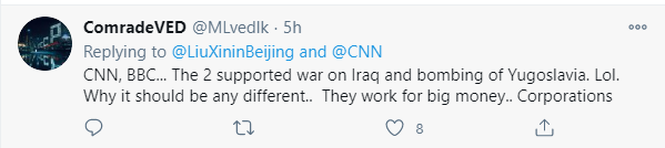 △网友：CNN、BBC这两家支持伊拉克战争和轰炸南联盟，所以他们怎么会在这个问题上有不一样的表现呢。他们只为了钱和大企业服务。