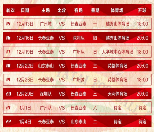 2021中超联赛第二阶段(广州赛区)长春亚泰赛程表