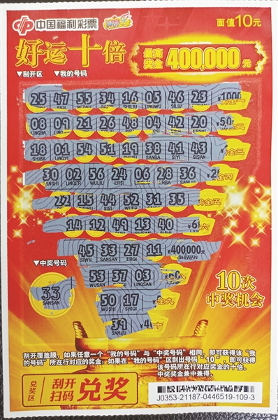 宁波彩友喜中刮刮乐好运十倍40万元