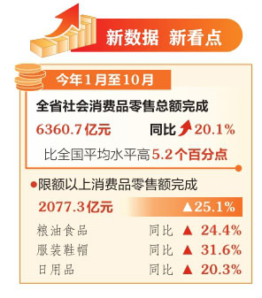 前10月全省社会消费品零售总额同比增长20.1%