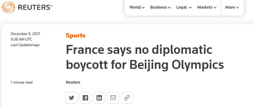 外媒：法国教育部长称法国不会外交抵制北京冬奥会