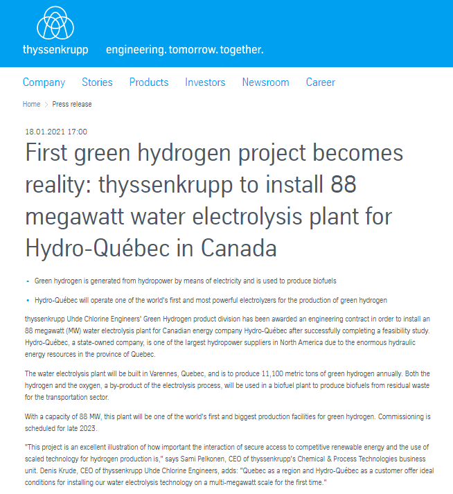 加拿大88兆瓦的水电解制氢工厂将于2023年投入使用