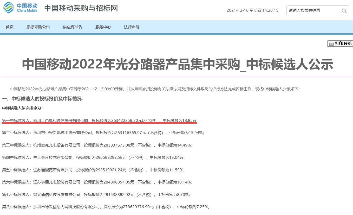 图/中国移动2022年光分路器产品集中采购中标结果公示（局部）