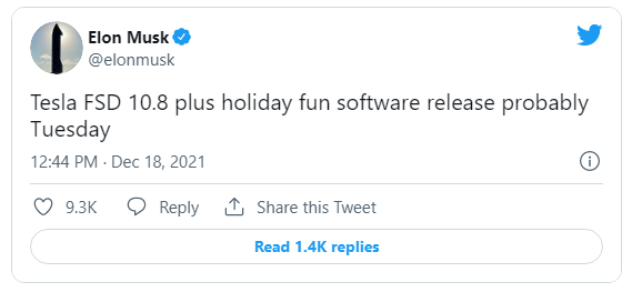 马斯克：特斯拉FSD 10.8以及假日娱乐软件或于周二发布